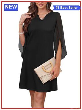 Women's Chiffon Sleeve V-Neck A-Line Cocktail Dress for Wedding Guest Ankle